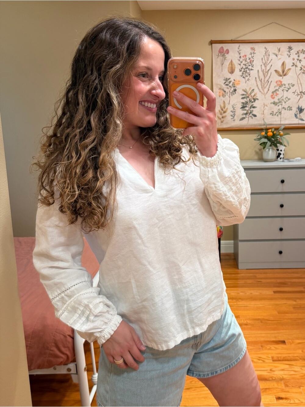 Rachel Zoe White V-Neck Crochet-Trim Peasant Blouse Cotton Linen Large